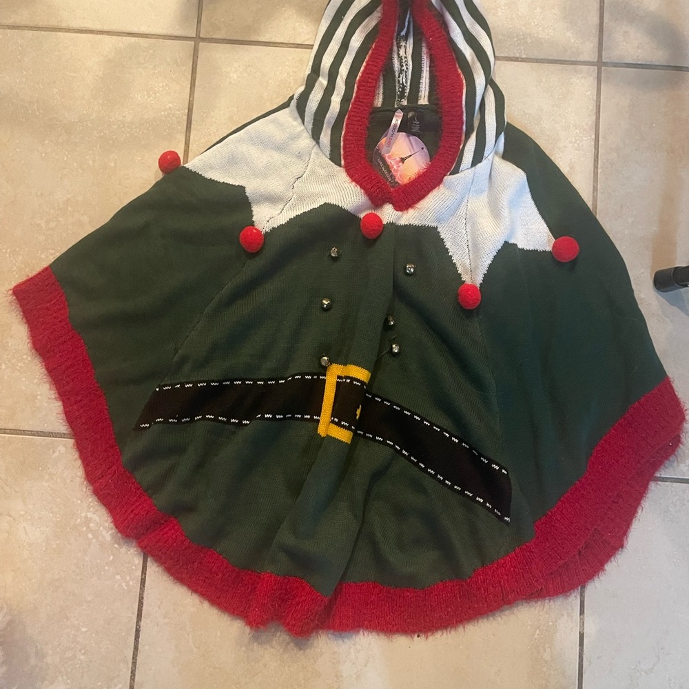 Christmas Holiday Poncho - Adult  sweater white  Green, Red, White